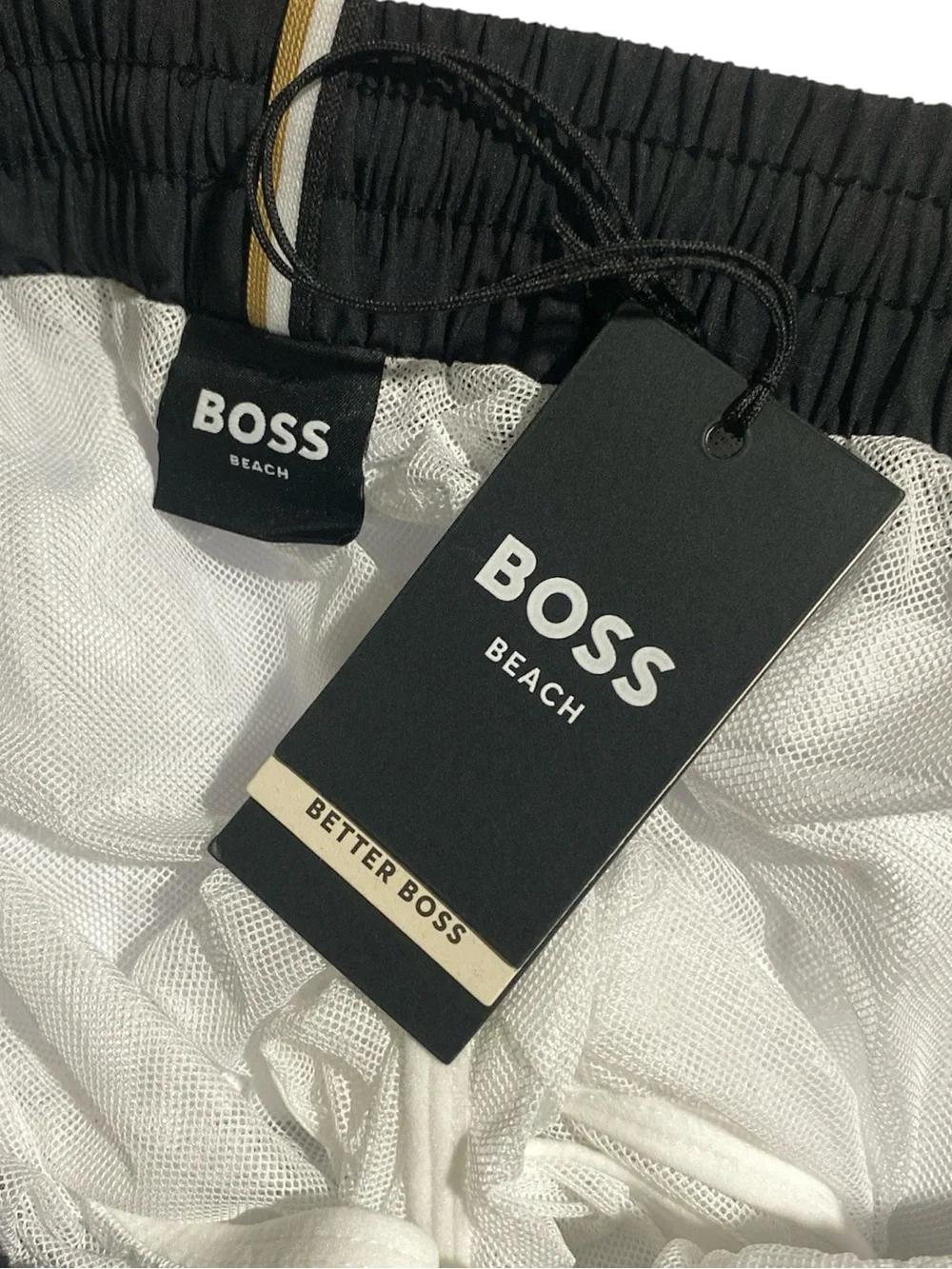 BOSS Men's White Athletic Shorts with Navy Waistband